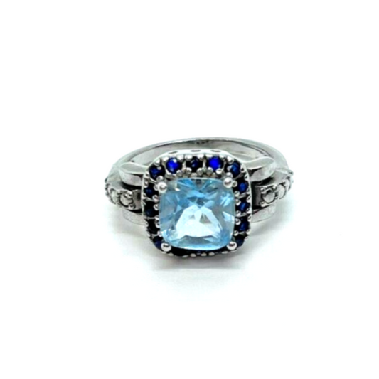 Sterling Silver Ring with Aquamarine Sapphire Halo