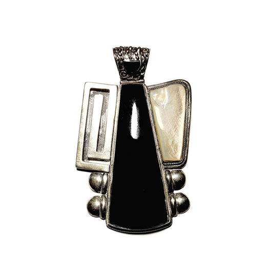 Black Onyx & Mother of Pearl .970 Silver Vintage Pendant