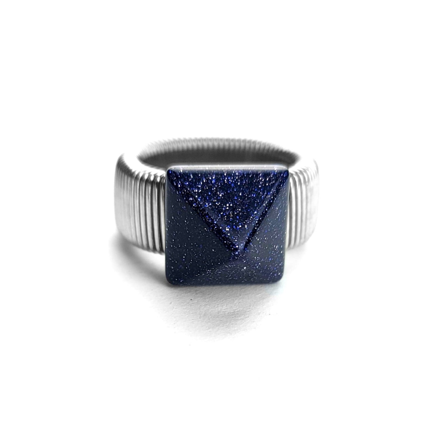 Blue Goldstone Pyramid Ring by J.J. Dean