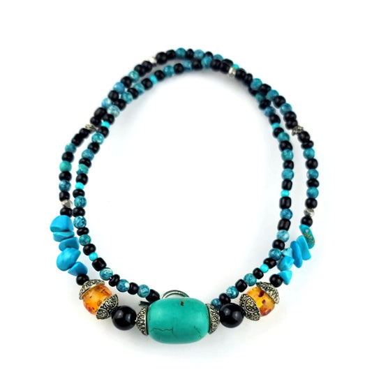 Turquoise and Amber Necklace by J.J. Dean