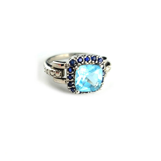 Sterling Silver Ring with Aquamarine Sapphire Halo