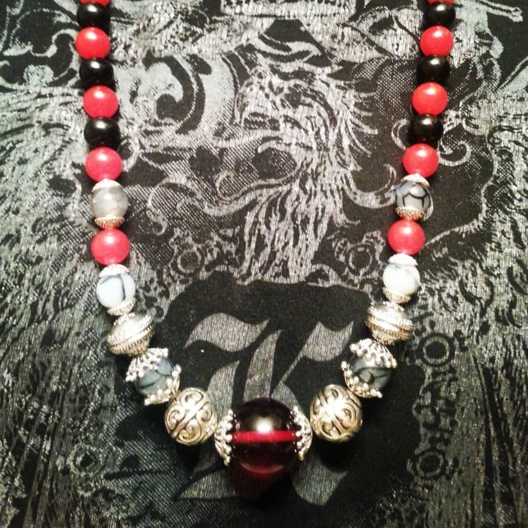 Red Jade, Dragon Vein Quartz, Silver Mala Necklace by J.J. Dean