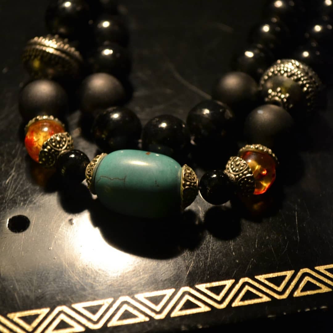 Turquoise and Amber Necklace by J.J. Dean