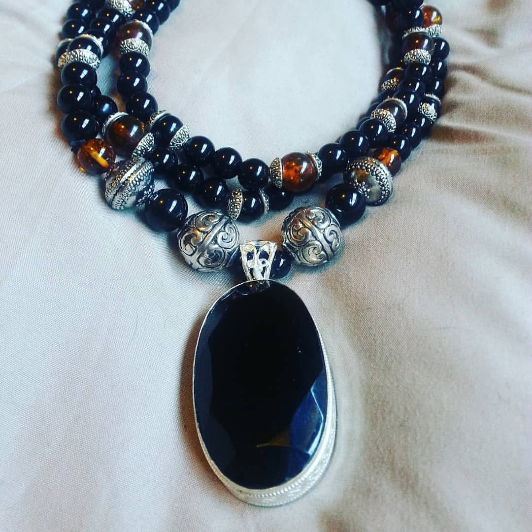 Black Onyx, Amber, & Silver Grand Master Mala Necklace by J.J. Dean