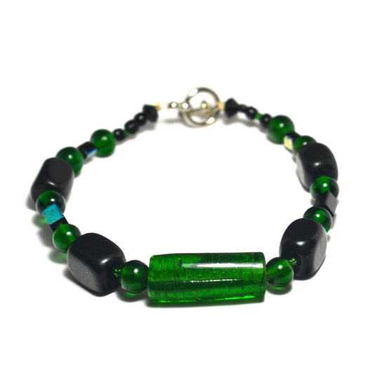 Green Glass, Onyx, Beaded Bracelet by J.J. Dean