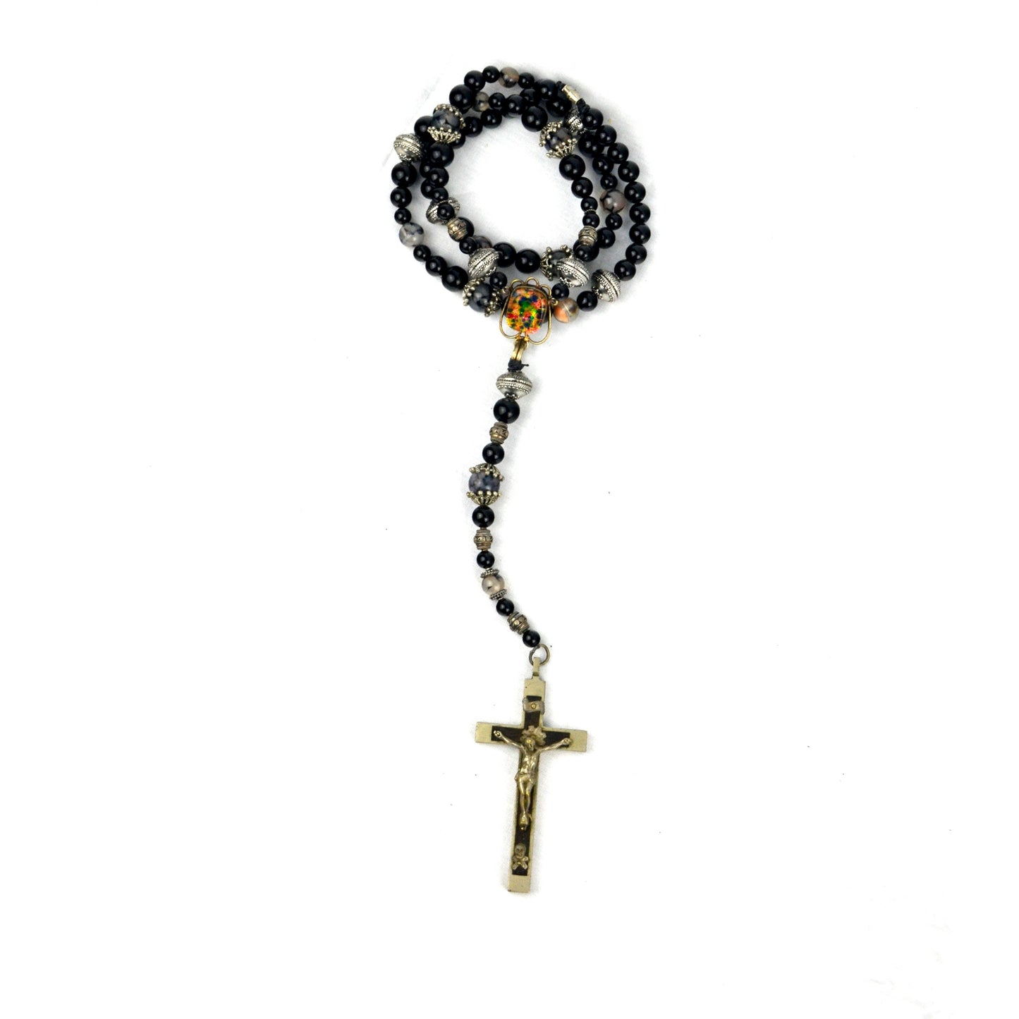 Black Onyx, Dichroic Glass, Rosary Necklace by J.J. Dean