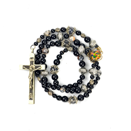 Black Onyx, Dichroic Glass, Rosary Necklace by J.J. Dean