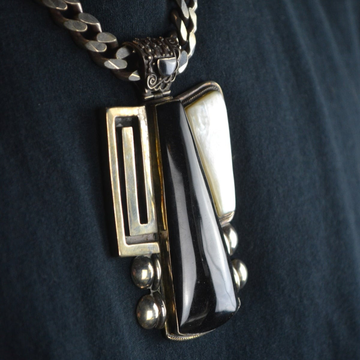 Black Onyx & Mother of Pearl .970 Silver Vintage Pendant