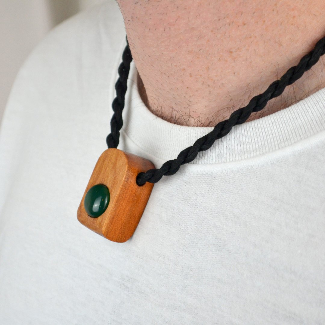Green Onyx & Cedar Wood Pendant, Necklace by J.J. Dean