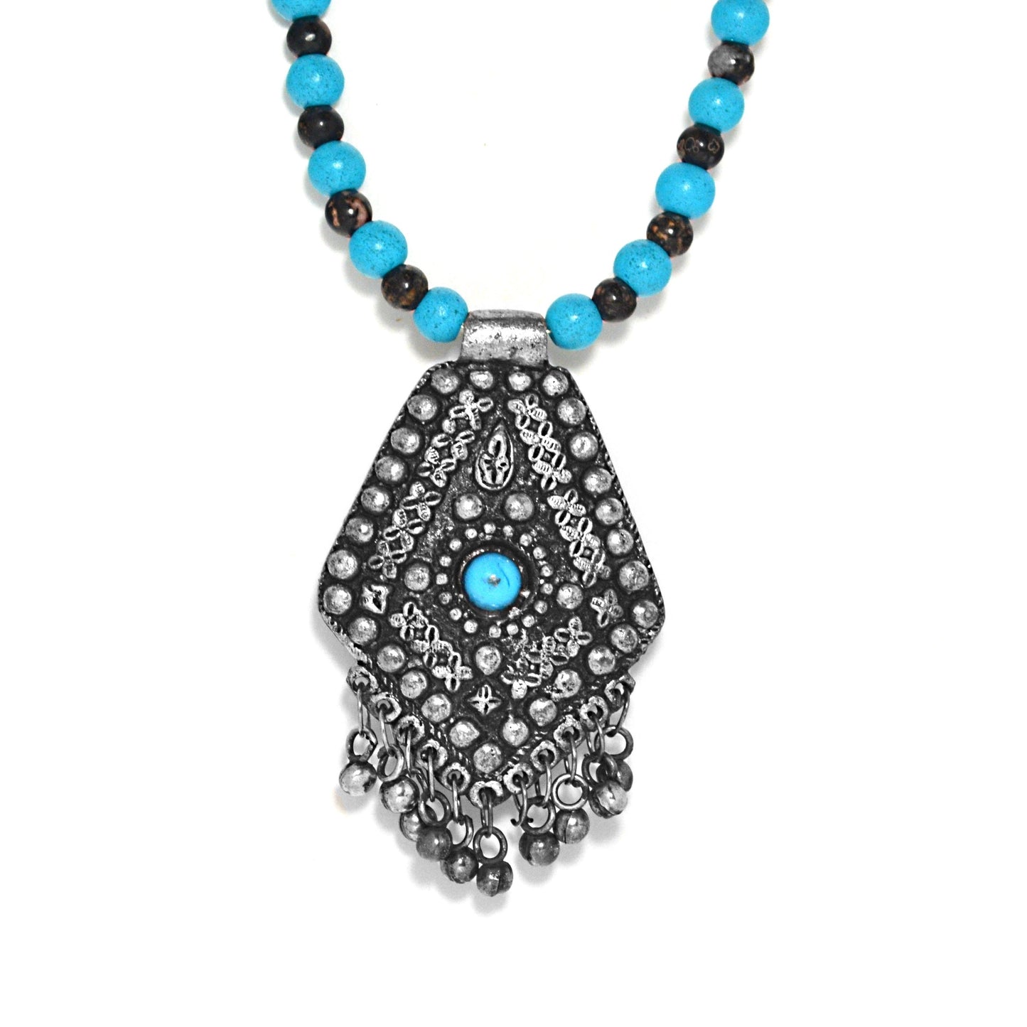 Turquoise & Pewter Bell Necklace by J.J. Dean