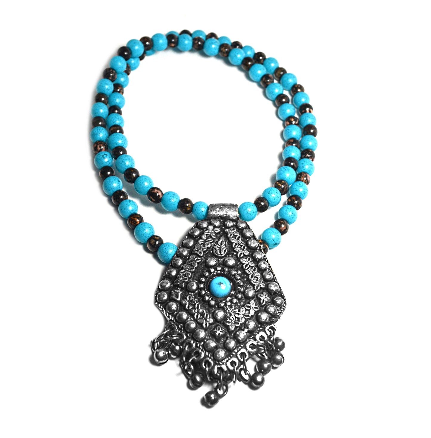 Turquoise & Pewter Bell Necklace by J.J. Dean
