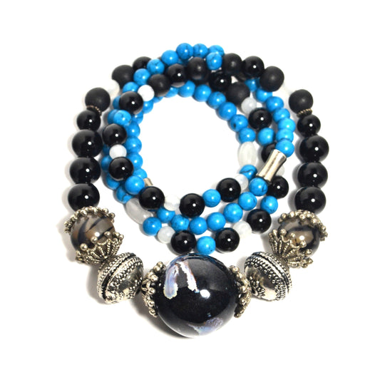 Porcelain, Black Onyx & Turquoise, Beaded Necklace by J.J. Dean
