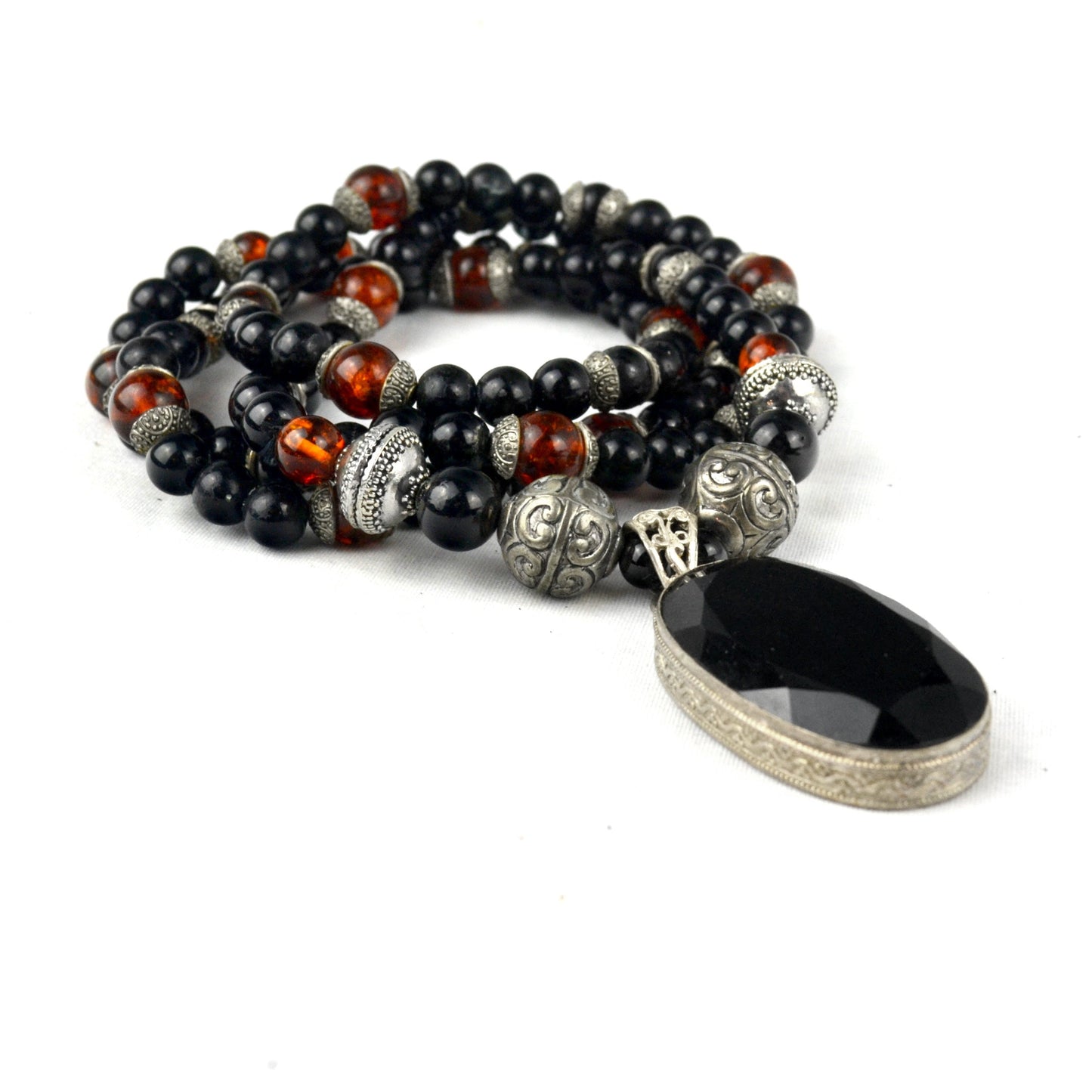 Black Onyx, Amber, & Silver Grand Master Mala Necklace by J.J. Dean