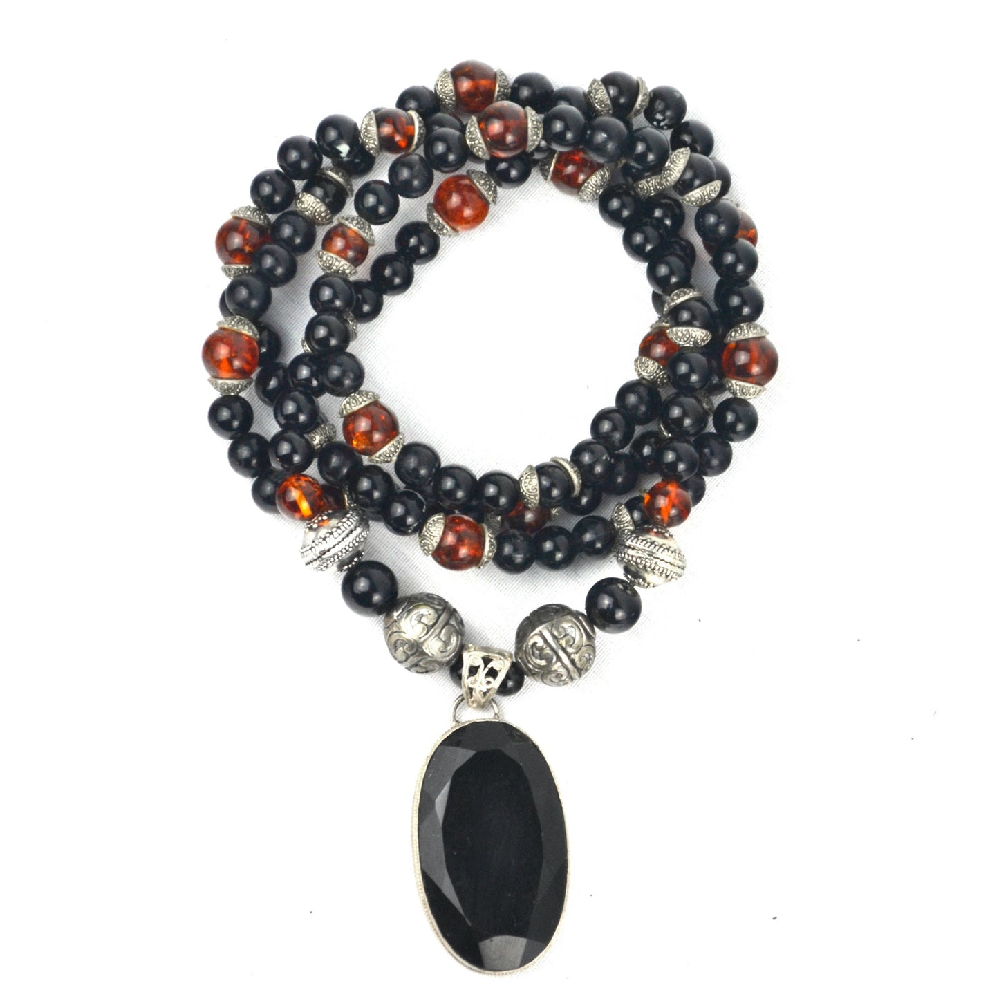 Black Onyx, Amber, & Silver Grand Master Mala Necklace by J.J. Dean